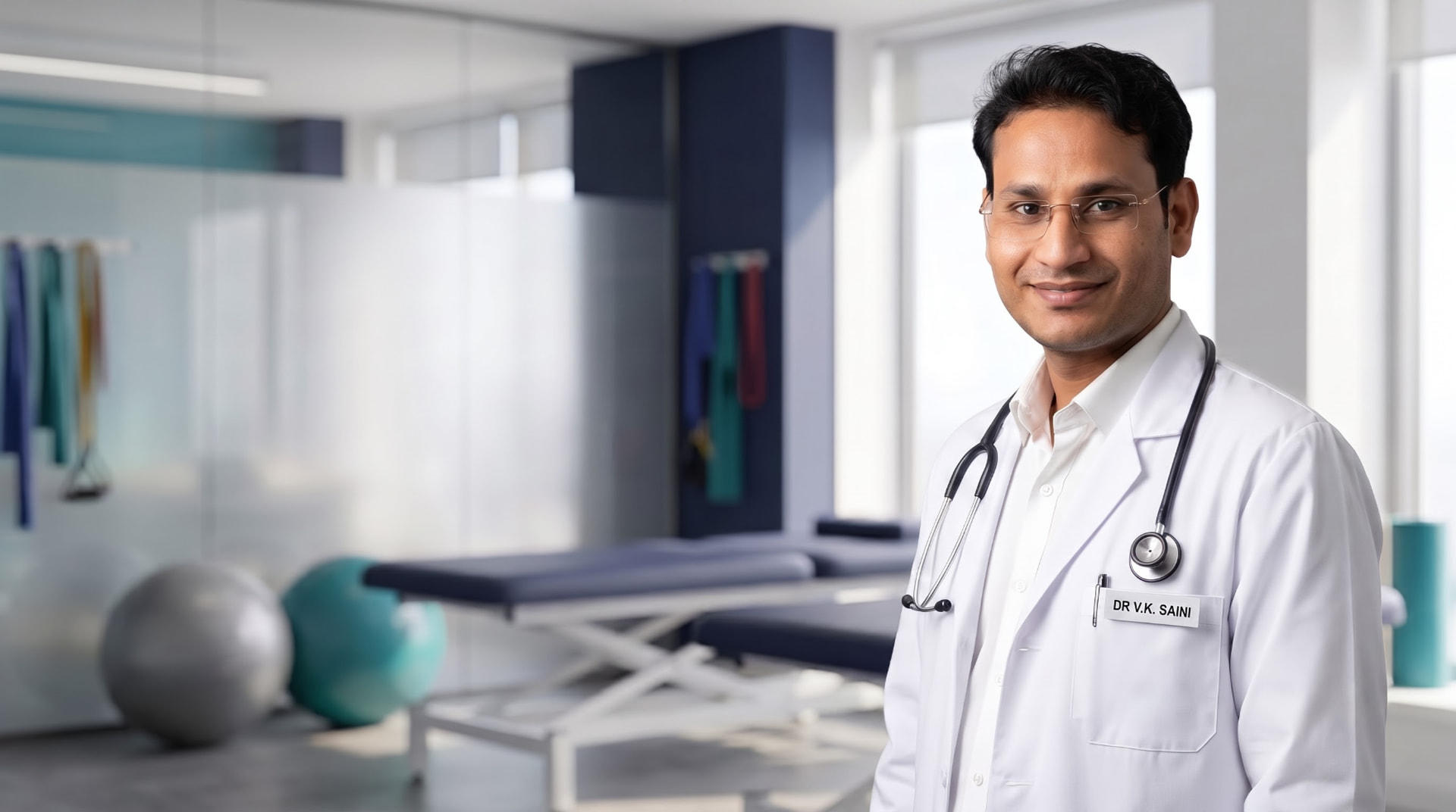 Dr. V.K. Saini, PT, physiotherapist at Vijay Multi-Speciality Physio Clinic, in the clinic rehabilitation room